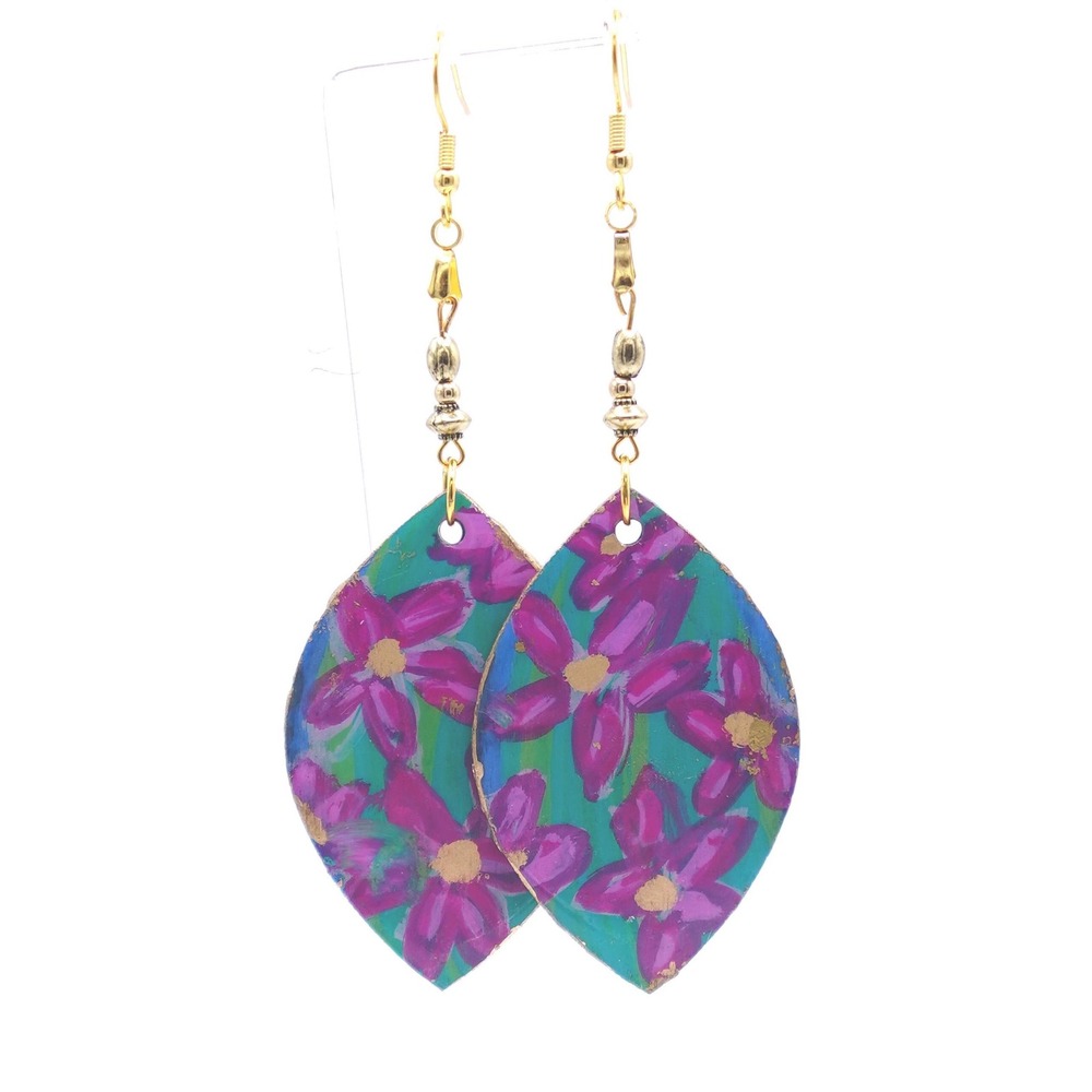 Hand Painted Floral Wood Drop Earrings Women‎ OS Teal Purple Boho Cottagecore